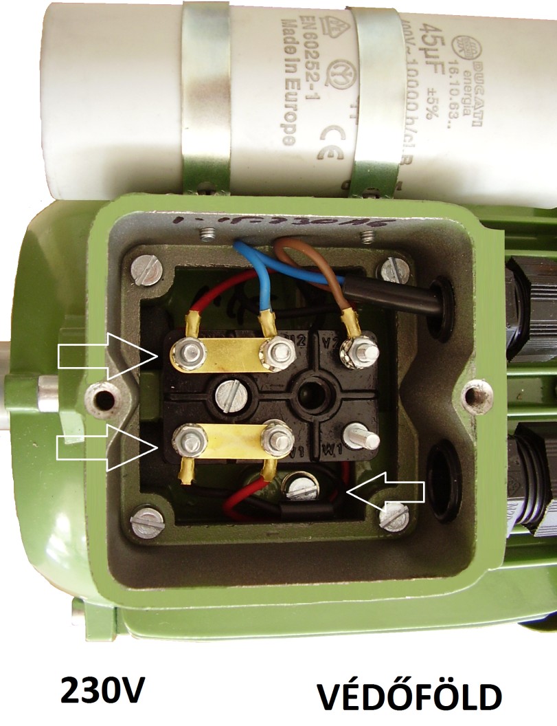 Egyfázisú villanymotor bekötve. Forgásirány: óramutató járásával ellenkező.