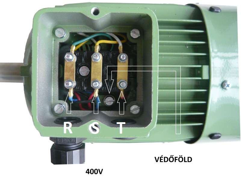 Háromfázisú villanymotor bekötve delta kapcsolásban.